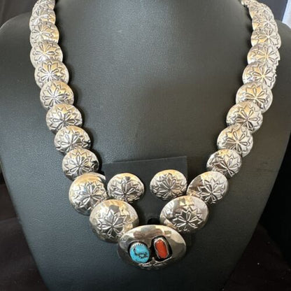 Navajo Coral Turquoise Necklace | Graduated Sterling Silver Pillow Stamped | 15636