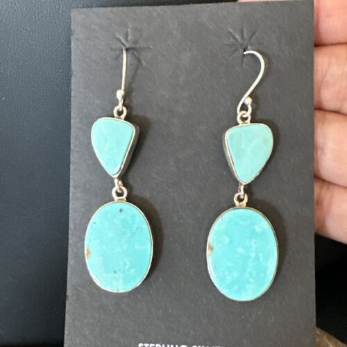 Navajo Blue Kingman Turquoise Dangle Earrings | Sterling Silver | Authentic Native American Handmade | 15107