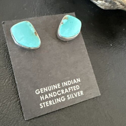 Navajo Blue Kingman Turquoise Post Stud Earrings | Sterling Silver | Authentic Native American Handmade | 17468
