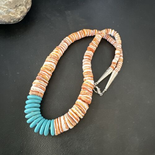 Navajo Sterling Silver Blue Turquoise & Spiny Oyster Graduated Necklace | Authentic Native American | 20" | 16903