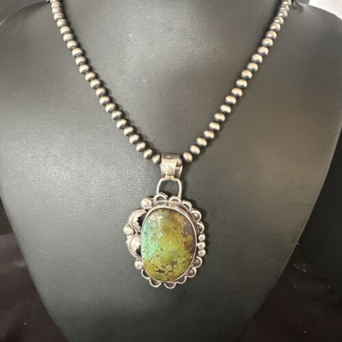 Navajo Green Turquoise Pendant Necklace | Sterling Silver | Authentic Native American Handmade | 15040