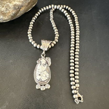 Navajo White Buffalo Turquoise Pendant Necklace | Sterling Silver | Authentic Native American Handmade | 17514