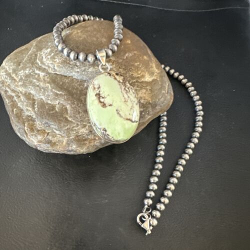 Navajo Green Gaspeite Pendant Necklace | Sterling Silver | Authentic Native American Handmade | 15489