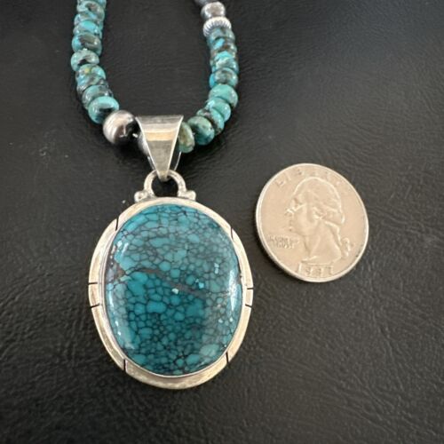 Men's Blue Spiderweb Turquoise Pendant Necklace | Navajo Sterling Silver | Authentic Native American Handmade | 17082