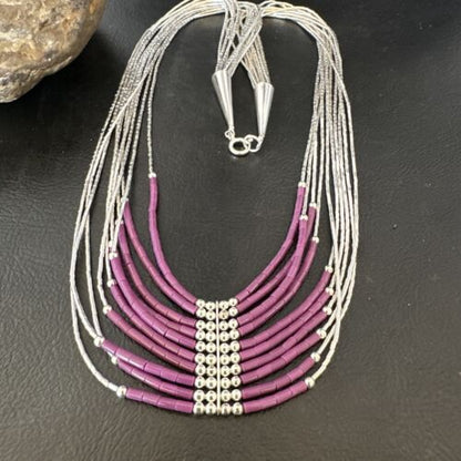 Navajo Sugilite 10-Strand Sterling Liquid Silver Tube Heishi Necklace 22" | Handmade | 16318