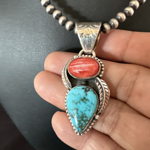 Navajo Blue Turquoise Red Spiny Oyster Pendant Necklace | Sterling Silver | Multi-Stone | 16291