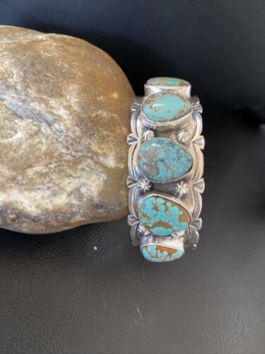 Navajo Blue #8 Turquoise Cuff Bracelet | Sterling Silver | 5 Stones | Authentic Native American Handmade | 01884