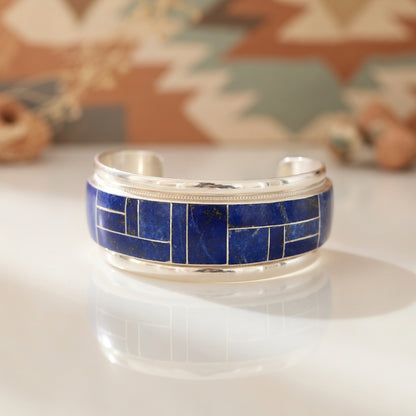 Native American Men's Navajo Blue Lapis Inlay Cuff Bracelet | Sterling Silver | 12233