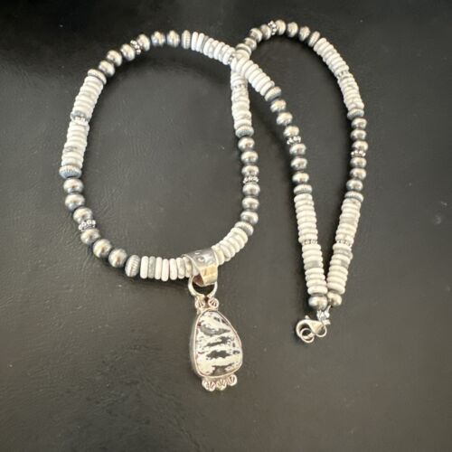 Navajo White Buffalo Turquoise Pendant Necklace | Sterling Silver | Authentic Native American Handmade | 17349