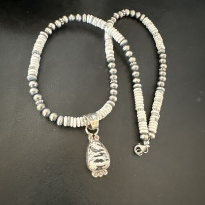 Navajo White Buffalo Turquoise Pendant Necklace | Sterling Silver | Authentic Native American Handmade | 17349