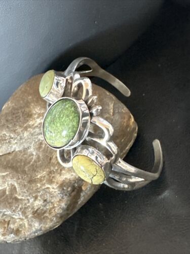 Navajo Green Turquoise Cuff Bracelet | Sterling Silver Tufa Cast | Authentic Native American Handmade | 16787