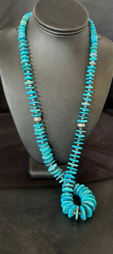 Blue Kingman Nugget Turquoise Necklace | Navajo Pearls | Sterling Silver | 30" | Authentic Native American | 17382