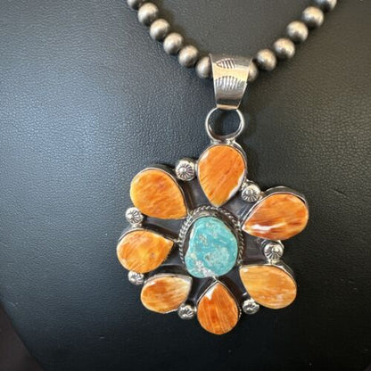 Navajo Blue Turquoise | Spiny Oyster Pendant Necklace | Sterling Silver | Multi-Stone | 16861
