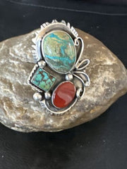 Navajo Blue Turquoise Cluster Ring | Authentic Native American Sterling Silver | Multi-Stone | Sz 10 | 14840