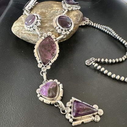 Navajo Sugilite Lariat Necklace | Sterling Silver Pendant | 30" | Authentic Native American Handmade | 16753