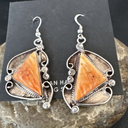 Navajo Orange Spiny Oyster Dangle Earrings | Sterling Silver | Authentic Native American Handmade | 17271