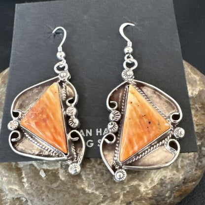 Navajo Orange Spiny Oyster Dangle Earrings | Sterling Silver | Authentic Native American Handmade | 17271