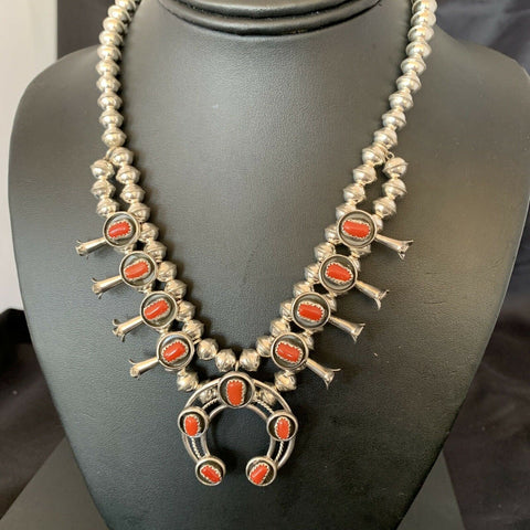 Shadow Box Navajo CORAL Sterling Silver Squash Blossom Necklace Earring 10888