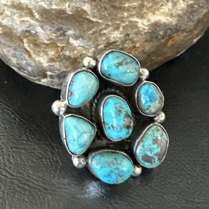Navajo Blue Kingman Turquoise Cluster Ring | Authentic Native American Sterling Silver | Multi-Stone | Sz 10 | 17644