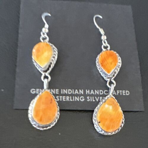 Navajo Orange Spiny Oyster Dangle Earrings | Sterling Silver | 1.5" | Authentic Native American Handmade | 16561