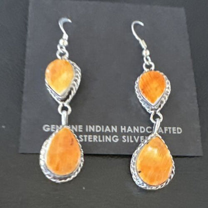 Navajo Orange Spiny Oyster Dangle Earrings | Sterling Silver | 1.5" | Authentic Native American Handmade | 16561