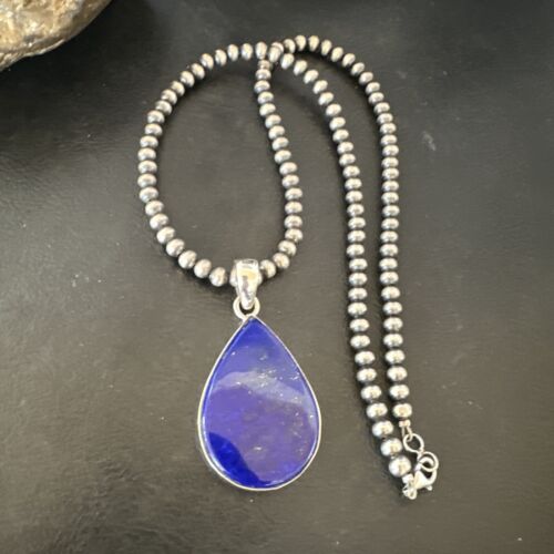 Navajo Blue Lapis Pendant with Pearls | Sterling Silver Necklace | 20" | Authentic Native American Handmade | 16669