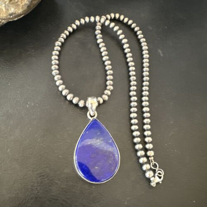 Navajo Blue Lapis Pendant with Pearls | Sterling Silver Necklace | 20" | Authentic Native American Handmade | 16669