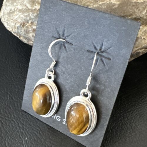 Southwestern Navajo Coffee Tigers Eye Dangle Earrings | Sterling Silver | Authentic Native American Handmade | 16965