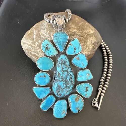 Navajo Blue Kingman Turquoise Cluster Pendant Necklace | Sterling Silver | Authentic Native American Handmade | 16795