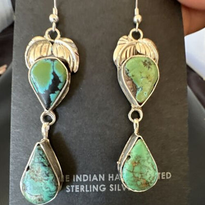 Navajo Green Royston Turquoise Dangle Earrings | Sterling Silver | Authentic Native American Handmade | 16451
