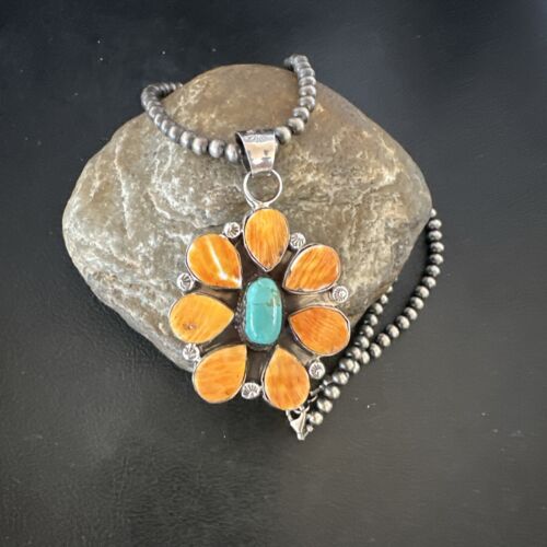 Navajo Blue Turquoise | Spiny Oyster Pendant Necklace | Sterling Silver | Multi-Stone | 16860