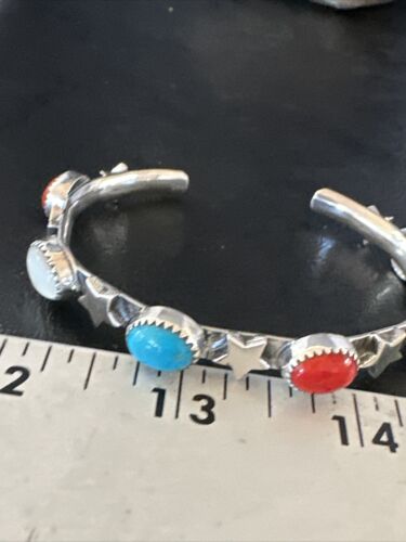 Fourth July Blue Turquoise Coral Mother Of Pearl Navajo Sterling Silver Cuff Bracelet 15338