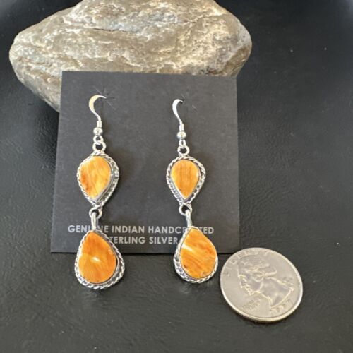 Navajo Orange Spiny Oyster Dangle Earrings | Sterling Silver | 1.5" | Authentic Native American Handmade | 16563