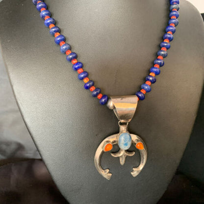 Navajo Blue Lapis Spiny Oyster Naja Pendant Necklace | Sterling Silver | Authentic Native American Handmade | 13708