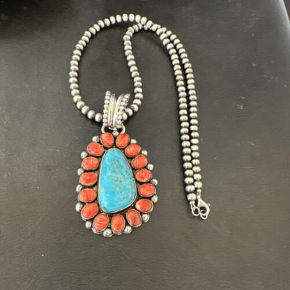 Navajo Turquoise Spiny Oyster Cluster Pendant Necklace | Sterling Silver | Native American Handmade | 17152