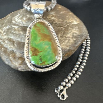 Navajo Green Gaspeite Pendant Necklace | Sterling Silver | Authentic Native American Handmade | 16359