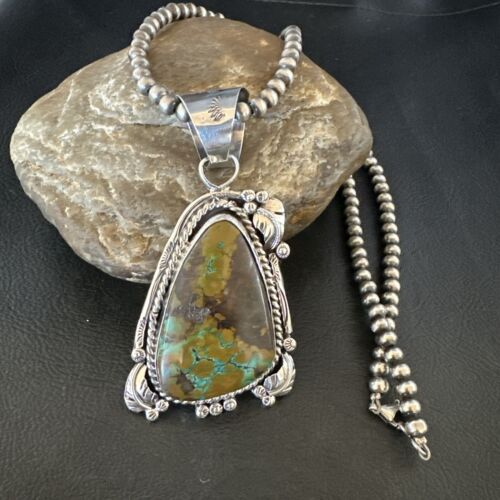 Men's Navajo Green Turquoise Pendant Necklace | Sterling Silver | Authentic Native American Handmade | 17531