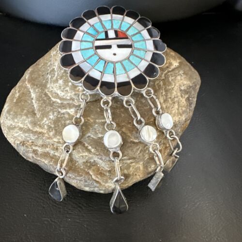 Sunface Zuni Inlay Turquoise Mother of Pearl Pin Pendant | Sterling Silver | Authentic Native American Handmade | 15177