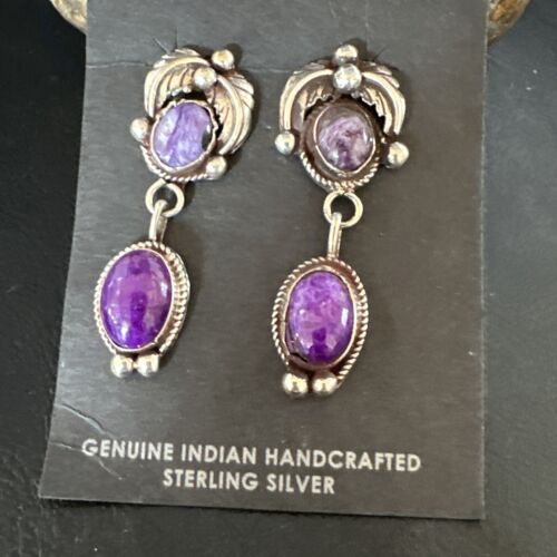 Navajo Purple Sugilite Charoite Dangle Earrings | Sterling Silver | 2" | Authentic Native American Handmade | 15258