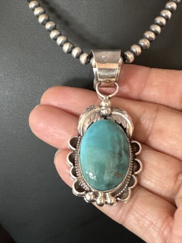 Navajo Pearls Blue Turquoise Necklace Pendant | Sterling Silver | Authentic Native American Handmade | 14881
