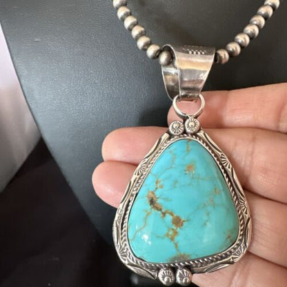 Navajo Blue Kingman Turquoise Necklace Pendant | Sterling Silver | Authentic Native American Handmade | 17476