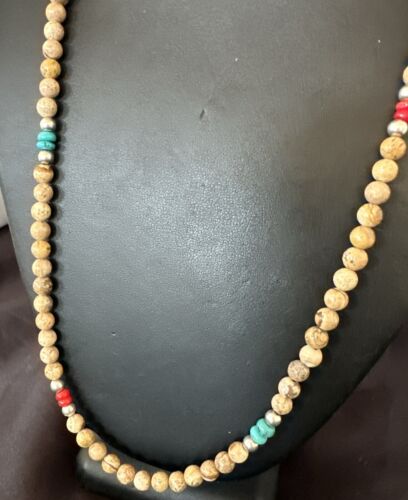 Navajo Turquoise Coral Picture Jasper Necklace | Sterling Silver | 24" | Authentic Native American Handmade | 17607