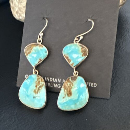 Navajo Blue Kingman Turquoise Dangle Earrings | Sterling Silver | Authentic Native American Handmade | 15113