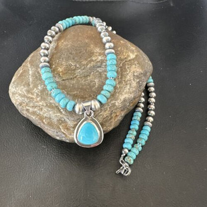 Men's Blue Turquoise Pendant Necklace | Navajo Pearls | Sterling Silver | Authentic Native American Handmade | 16644