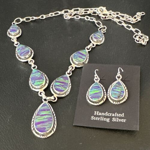 Navajo Purple Opal Lariat Necklace Set | Sterling Silver Pendant & Earrings | Authentic Native American Handmade | 16258 - Masha USA