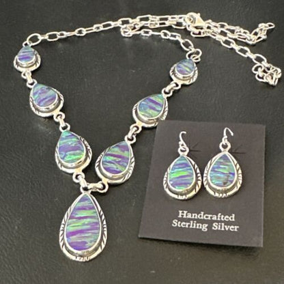 Navajo Purple Opal Lariat Necklace Set | Sterling Silver Pendant & Earrings | Authentic Native American Handmade | 16258 - Masha USA