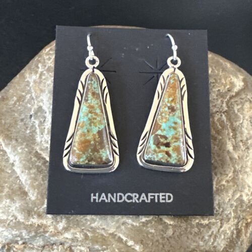 Navajo Blue Boulder Turquoise Dangle Earrings | Sterling Silver | Authentic Native American Handmade | 16500