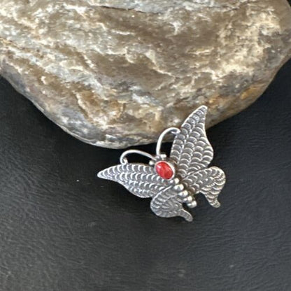 Navajo Butterfly Red Coral Pin Pendant | Sterling Silver | 1.25" | Authentic Native American Handmade | 15235