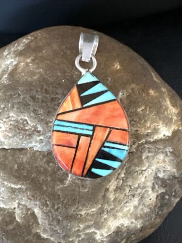 Women's Blue Turquoise & Spiny Oyster Inlay Pendant | Navajo Sterling Silver | Authentic Native American Jewelry | 15196