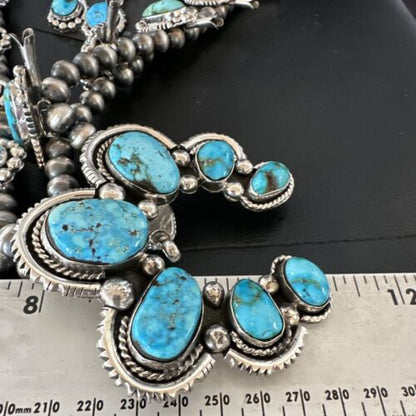 Navajo Ultra Rare Sonoran Mountain Blue Turquoise Squash Blossom Necklace Set | Sterling Silver | 17209